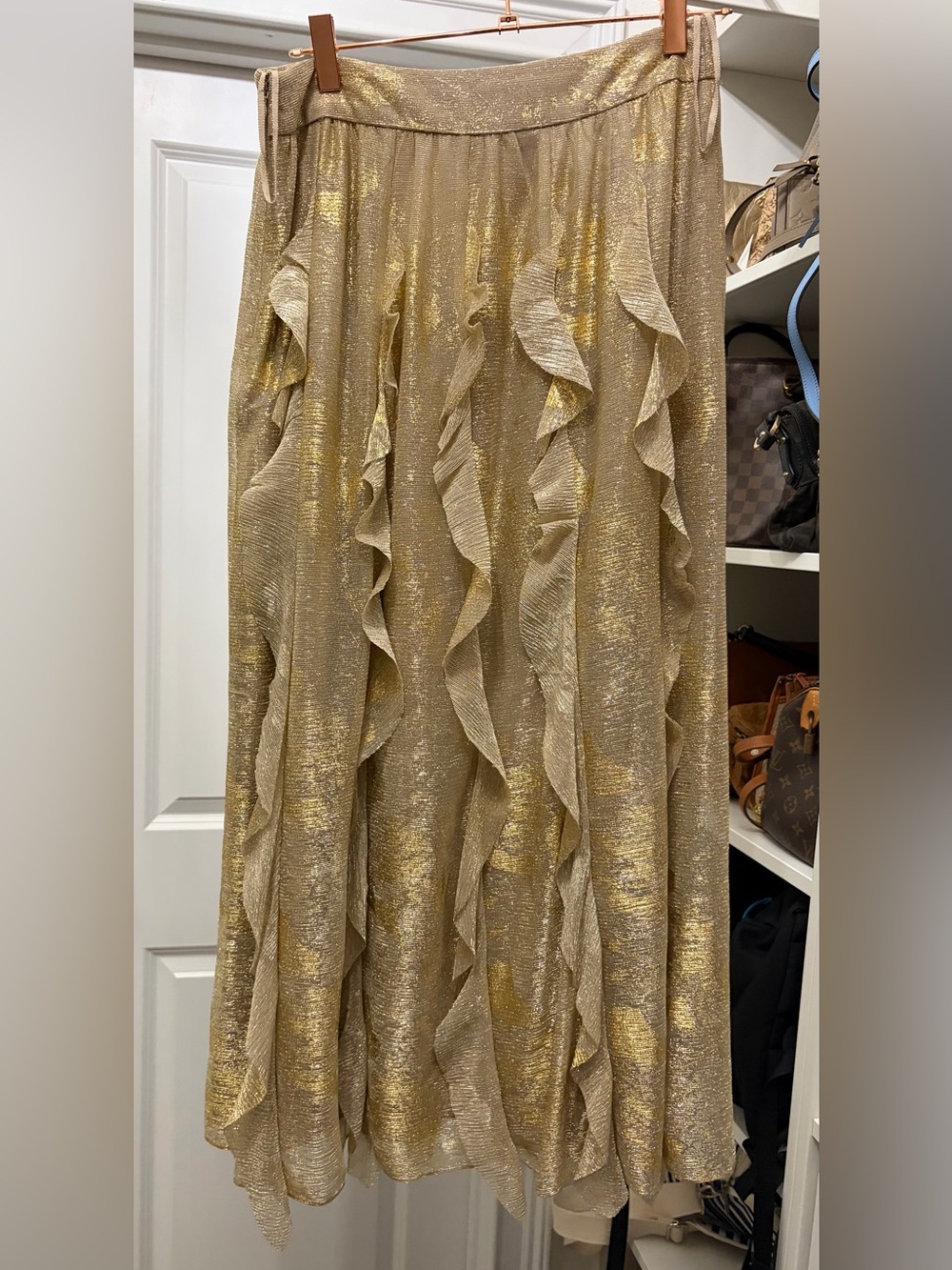 Moulinette Soeurs Gold Metallic Ruffle Maxi Skirt